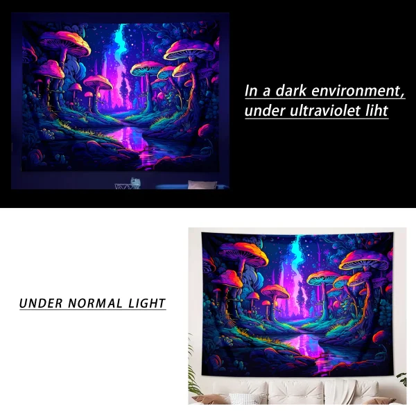 1pc UV reactive mushroom tapestry, neon effect black light tapestry, fantasy landscape mushroom forest fluorescent tapestry 3