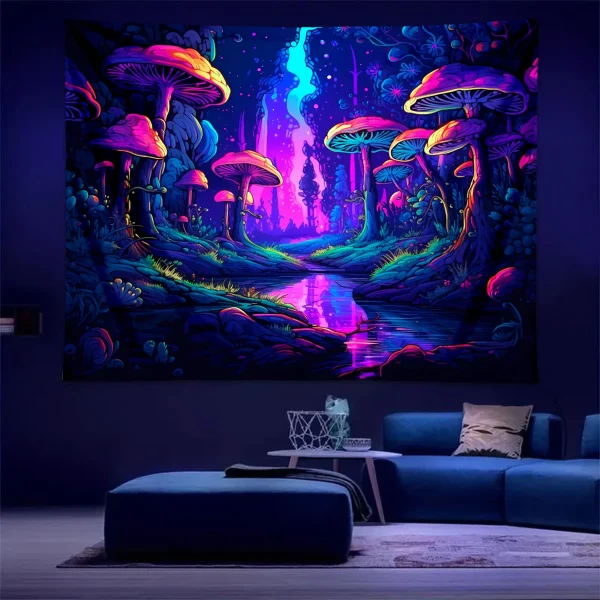 1pc UV reactive mushroom tapestry, neon effect black light tapestry, fantasy landscape mushroom forest fluorescent tapestry 4