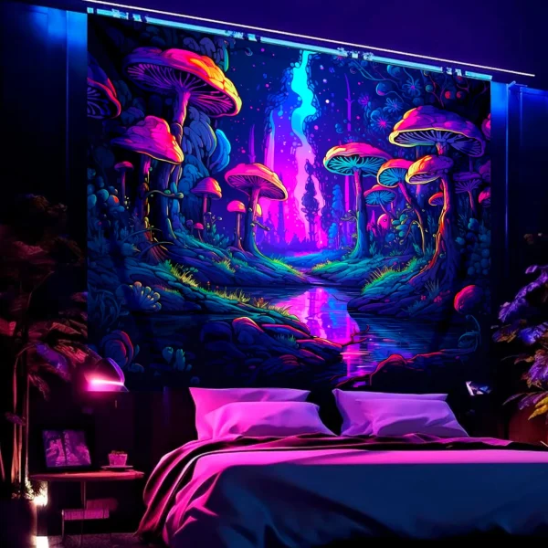 1pc UV reactive mushroom tapestry, neon effect black light tapestry, fantasy landscape mushroom forest fluorescent tapestry 5