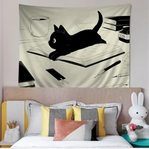 Cute black Cat Cartoon Tapestry Art Science Fiction Room Home Decor Wall Hanging Sheets 1