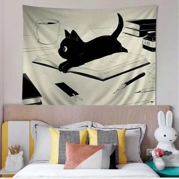 Cute black Cat Cartoon Tapestry Art Science Fiction Room Home Decor Wall Hanging Sheets 1