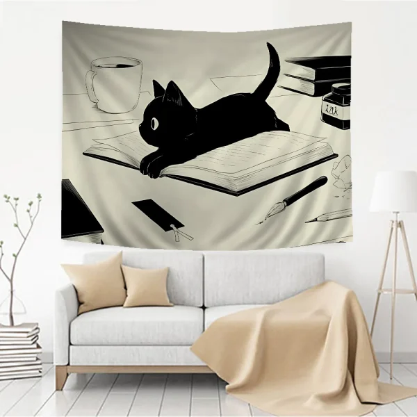 Cute black Cat Cartoon Tapestry Art Science Fiction Room Home Decor Wall Hanging Sheets 2