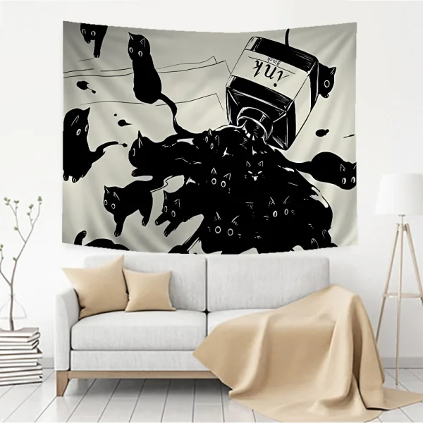 Cute black Cat Cartoon Tapestry Art Science Fiction Room Home Decor Wall Hanging Sheets 3
