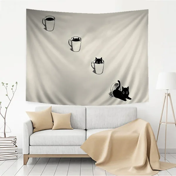 Cute black Cat Cartoon Tapestry Art Science Fiction Room Home Decor Wall Hanging Sheets 4