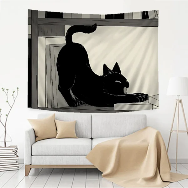 Cute black Cat Cartoon Tapestry Art Science Fiction Room Home Decor Wall Hanging Sheets 6