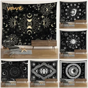 Witchcraft Astrology Mandala Tapestry Black and White Sun Moon Tarot Hippie Aesthetic Cloth Fabric Large Tapestry Wall Hanging 1