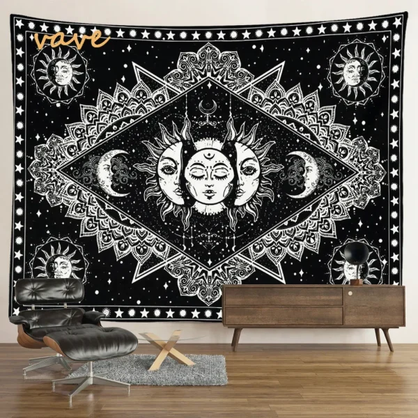 Witchcraft Astrology Mandala Tapestry Black and White Sun Moon Tarot Hippie Aesthetic Cloth Fabric Large Tapestry Wall Hanging 2