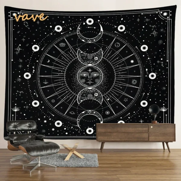Witchcraft Astrology Mandala Tapestry Black and White Sun Moon Tarot Hippie Aesthetic Cloth Fabric Large Tapestry Wall Hanging 3