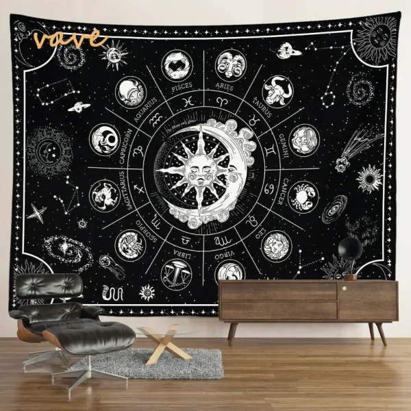 Witchcraft Astrology Mandala Tapestry Black and White Sun Moon Tarot Hippie Aesthetic Cloth Fabric Large Tapestry Wall Hanging 4