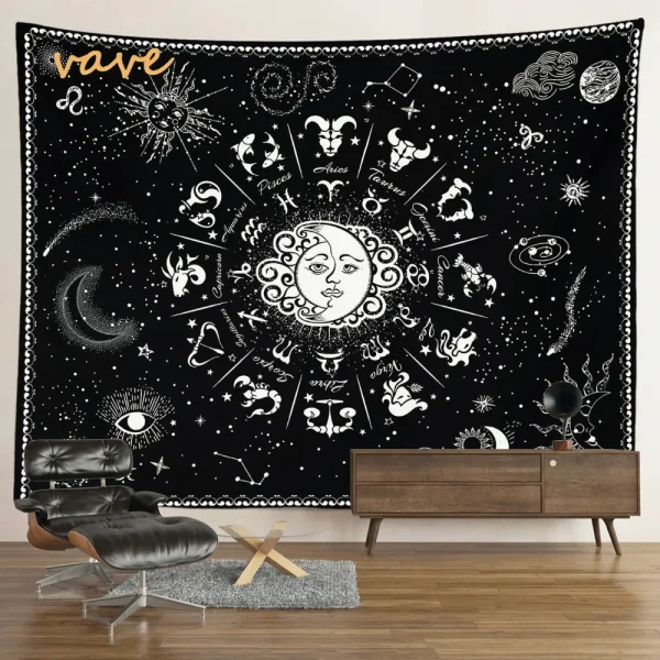 Witchcraft Astrology Mandala Tapestry Black and White Sun Moon Tarot Hippie Aesthetic Cloth Fabric Large Tapestry Wall Hanging 5