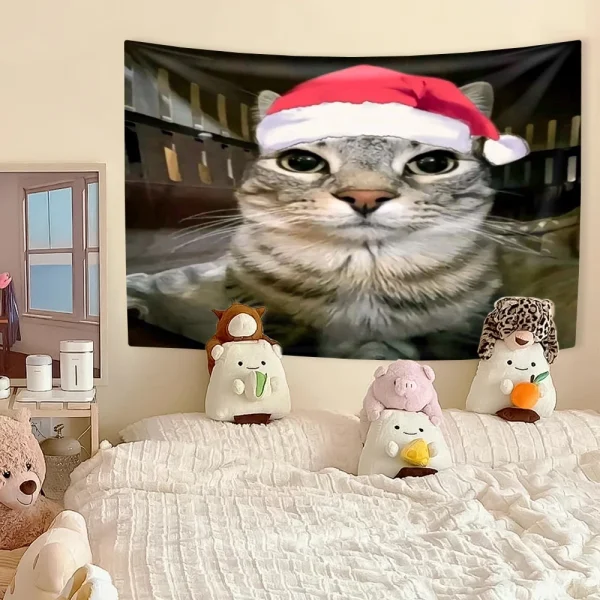 Funny Cat Meme Tapestry Kawaii Animal Home Decor Wall Hanging Covering Cloth Bedroom Dorm Background Festival Gift 2