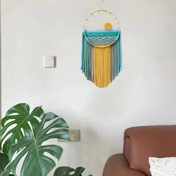 Hand-woven Cotton Rope Sunrise Sunset Tapestry Bohemian Colorful Sunrise Sunset Wall Art with Tassel Decorative 3