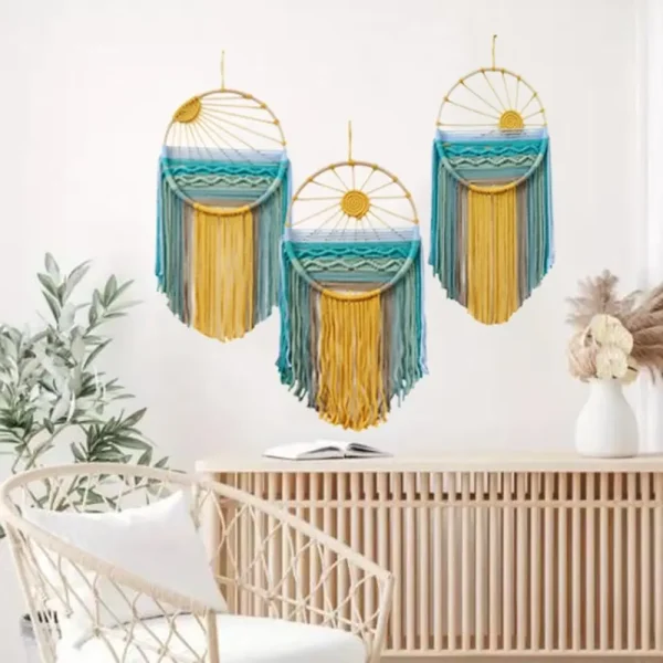 Hand-woven Cotton Rope Sunrise Sunset Tapestry Bohemian Colorful Sunrise Sunset Wall Art with Tassel Decorative 4