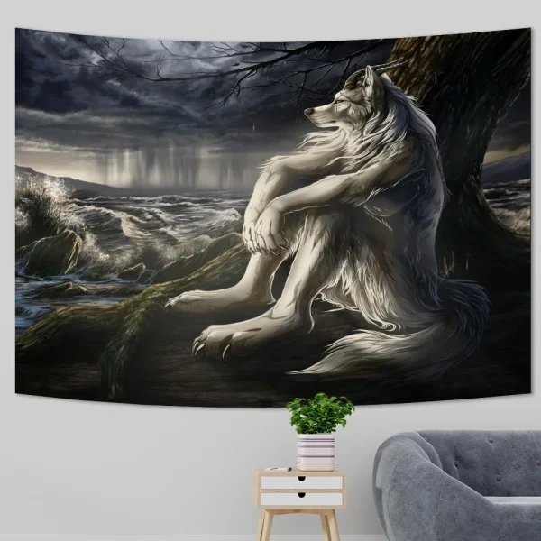 Emo White Wolf Sitting Meme Tapestry Werewolf Tapestries For Bedroom Printed Home Decoration Paintings Room bedroom decoration 1
