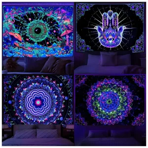 VIKAMA Neon Illusion Hamsa Hand Tapestry Cosmic Nebula All Seeing Eye Meditation Room Bohemian Bedroom Home Decor Tapestry 1