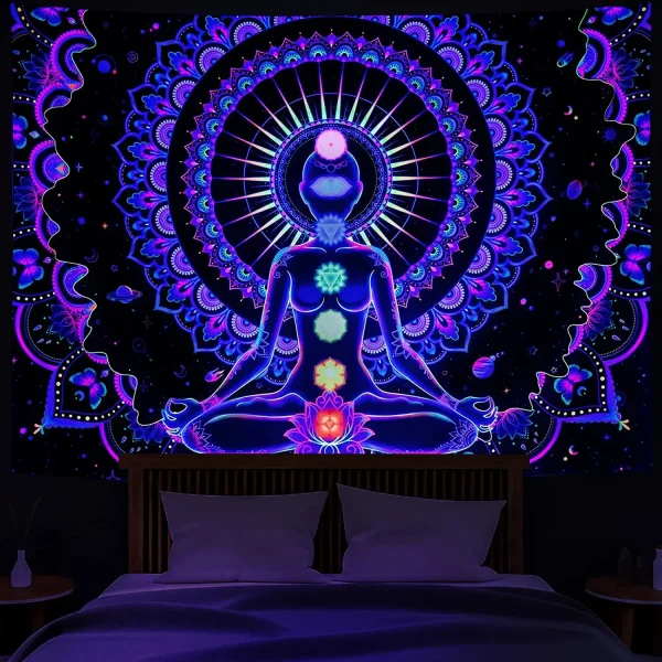 VIKAMA Neon Illusion Hamsa Hand Tapestry Cosmic Nebula All Seeing Eye Meditation Room Bohemian Bedroom Home Decor Tapestry 3
