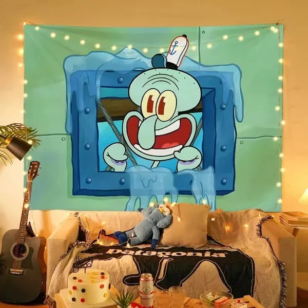 MINISO Squidward Tentacles Cartoon Tapestry Aesthetic Wall Hanging Bedroom Living Room Dorm Decor Art Poster Gift 2