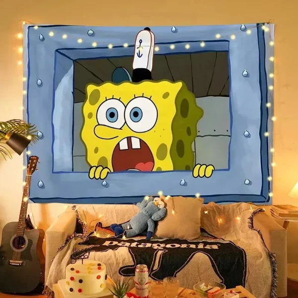 MINISO Squidward Tentacles Cartoon Tapestry Aesthetic Wall Hanging Bedroom Living Room Dorm Decor Art Poster Gift 3