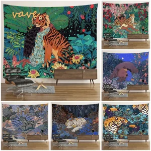 Hippie Psychedelic Tiger Tapestry, Wall Hanging, Boho Room Decor, Aesthetic, Mysterious Flower, Jungle Moon Landscape, Forest 1