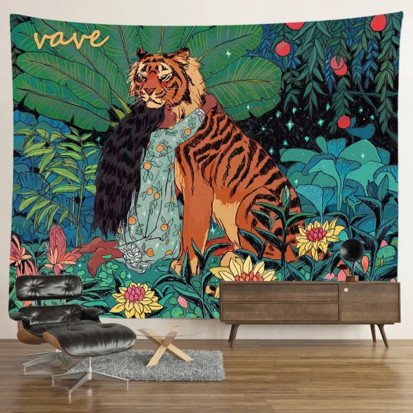 Hippie Psychedelic Tiger Tapestry, Wall Hanging, Boho Room Decor, Aesthetic, Mysterious Flower, Jungle Moon Landscape, Forest 2