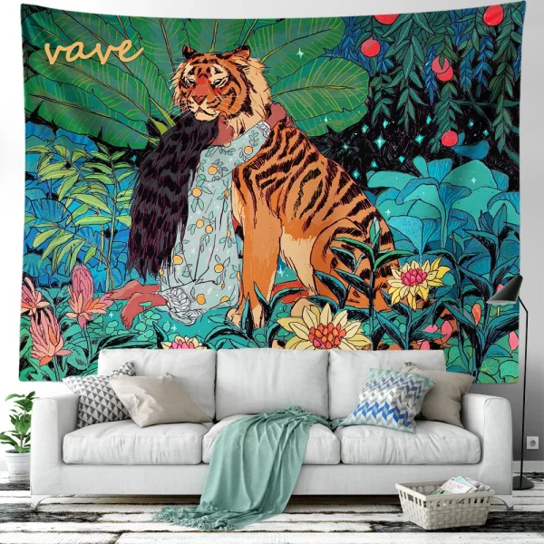 Hippie Psychedelic Tiger Tapestry, Wall Hanging, Boho Room Decor, Aesthetic, Mysterious Flower, Jungle Moon Landscape, Forest 3