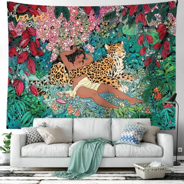 Hippie Psychedelic Tiger Tapestry, Wall Hanging, Boho Room Decor, Aesthetic, Mysterious Flower, Jungle Moon Landscape, Forest 4