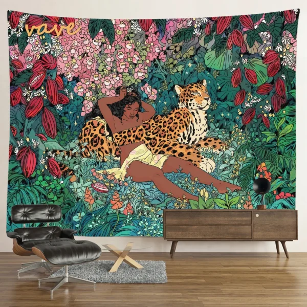Hippie Psychedelic Tiger Tapestry, Wall Hanging, Boho Room Decor, Aesthetic, Mysterious Flower, Jungle Moon Landscape, Forest 5