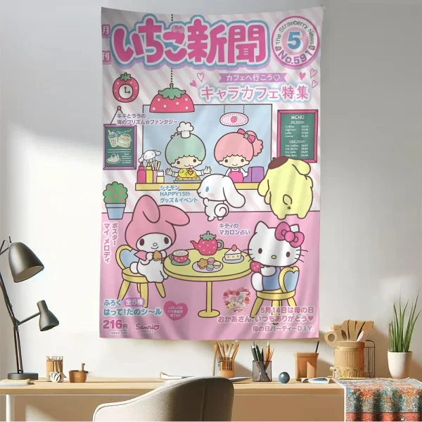 MINISO Hello Kitty Sanrio cartoon character cute tarot hippie wall carpet colorful art decoration tapestry wall hanging dormito 3