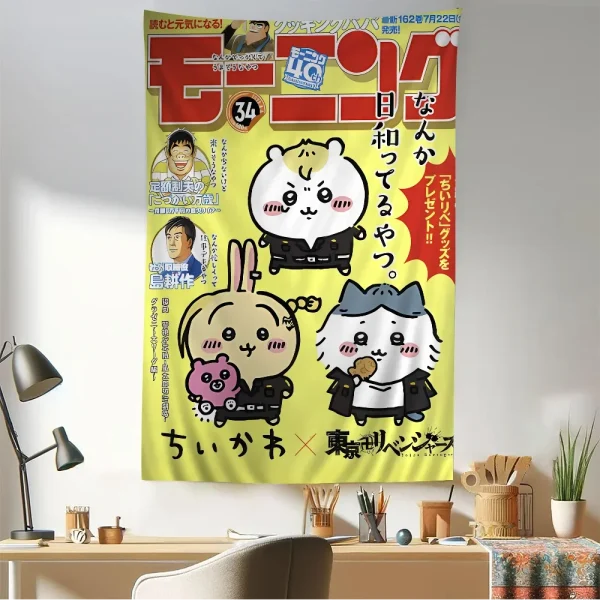 Cute Cartoon Chiikawa Anime Tapestry Hippie Flower Wall Carpets Dorm Decor Wall Hanging Home Decor 2