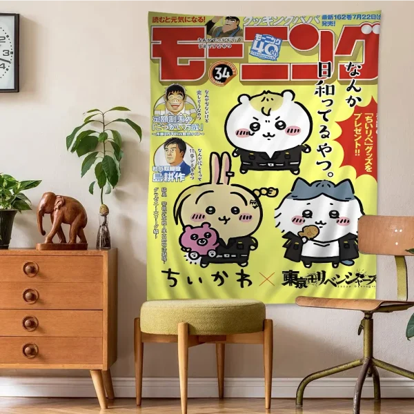 Cute Cartoon Chiikawa Anime Tapestry Hippie Flower Wall Carpets Dorm Decor Wall Hanging Home Decor 3