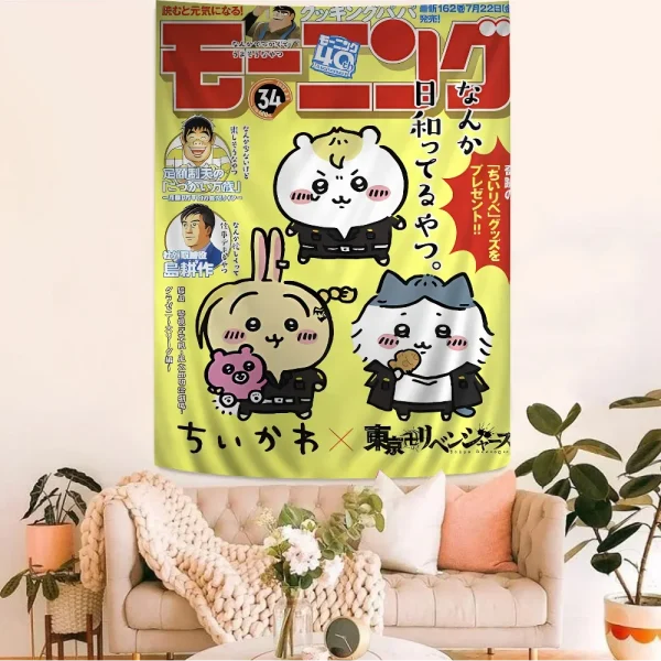 Cute Cartoon Chiikawa Anime Tapestry Hippie Flower Wall Carpets Dorm Decor Wall Hanging Home Decor 6