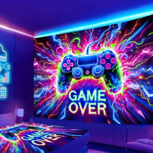 1pc Game controller fluorescent tapestry, UV reactive tapestry, e-sports room, e-sports club background decoration wall hanging 1