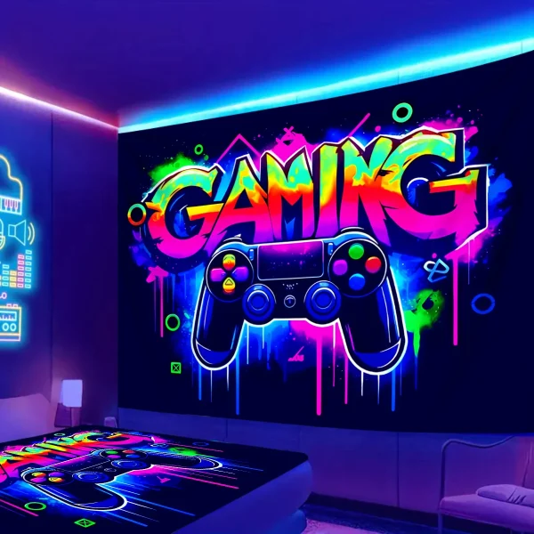 1pc Game controller fluorescent tapestry, UV reactive tapestry, e-sports room, e-sports club background decoration wall hanging 2