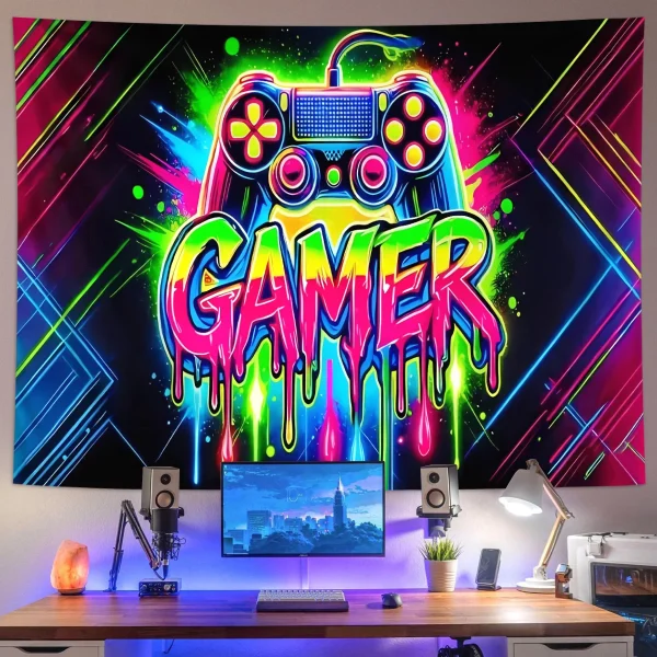 1pc Game controller fluorescent tapestry, UV reactive tapestry, e-sports room, e-sports club background decoration wall hanging 5