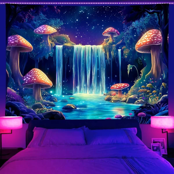 1pc Fluorescent mushroom tapestry, UV reactive black light tapestry, mysterious mushroom natural landscape forest tapestry 1