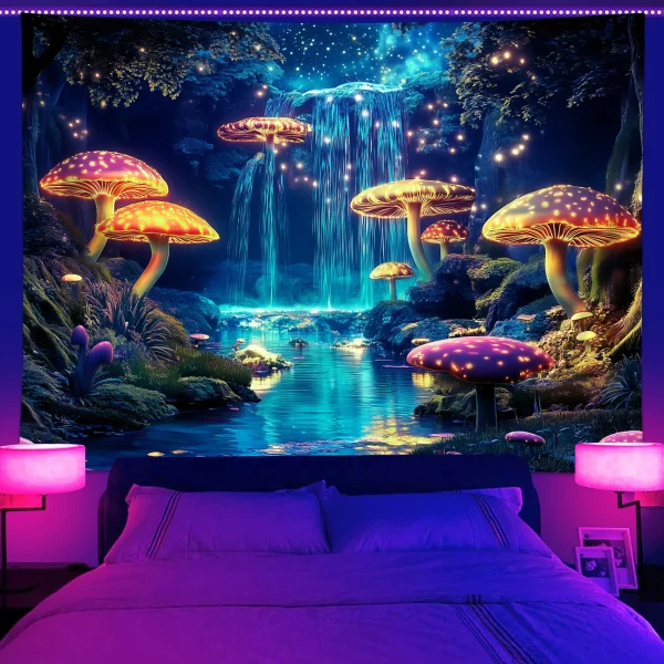 1pc Fluorescent mushroom tapestry, UV reactive black light tapestry, mysterious mushroom natural landscape forest tapestry 3