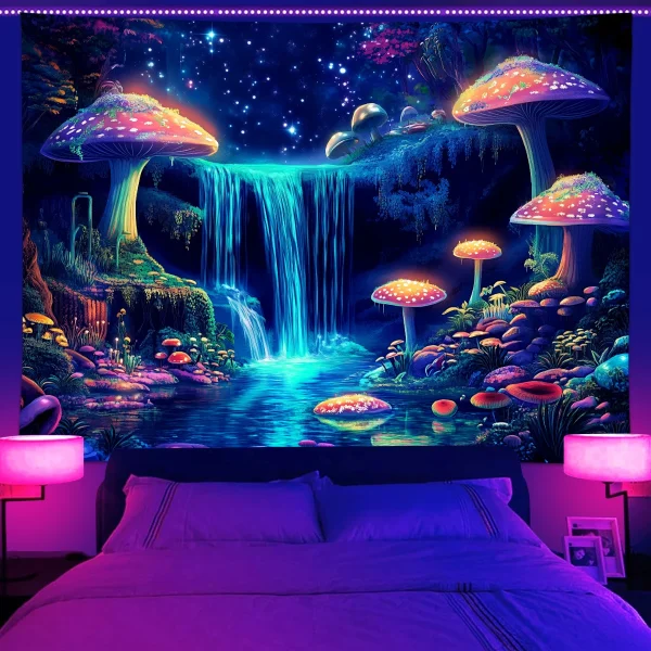 1pc Fluorescent mushroom tapestry, UV reactive black light tapestry, mysterious mushroom natural landscape forest tapestry 4