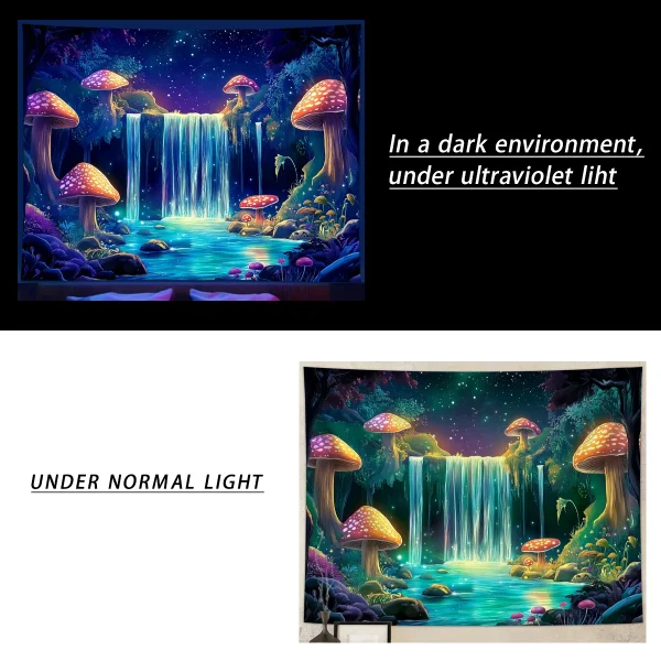 1pc Fluorescent mushroom tapestry, UV reactive black light tapestry, mysterious mushroom natural landscape forest tapestry 5