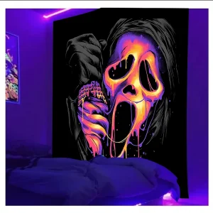 VIKAMA Neon Scare Tapestry Ghostface Killer Neon Halo Washable Fade Resistant Gaming Room Bedroom Gothic Tapestry Decoration 1