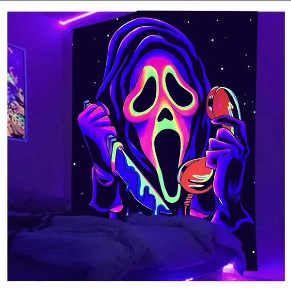 VIKAMA Neon Scare Tapestry Ghostface Killer Neon Halo Washable Fade Resistant Gaming Room Bedroom Gothic Tapestry Decoration 2