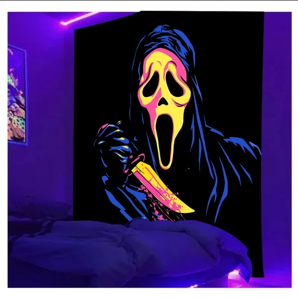 VIKAMA Neon Scare Tapestry Ghostface Killer Neon Halo Washable Fade Resistant Gaming Room Bedroom Gothic Tapestry Decoration 3