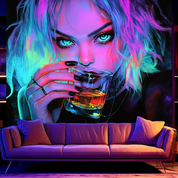 1pc Vibrant Neon Drinking Girl Tapestry UV Blacklight Reactive Perfect for Living Room Bedroom Office Decor 3