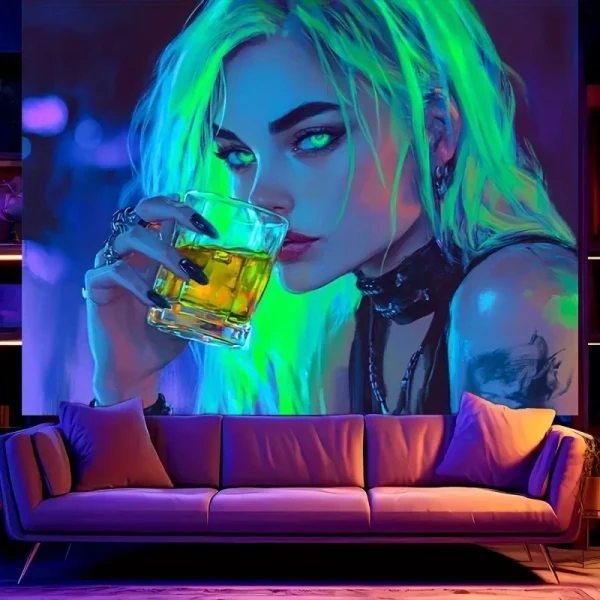 1pc Vibrant Neon Drinking Girl Tapestry UV Blacklight Reactive Perfect for Living Room Bedroom Office Decor 4