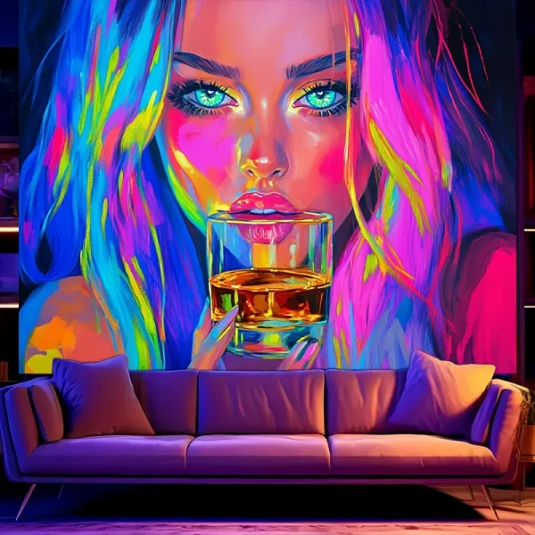 1pc Vibrant Neon Drinking Girl Tapestry UV Blacklight Reactive Perfect for Living Room Bedroom Office Decor 6