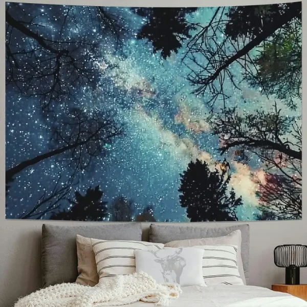 Galaxy Forest Starry Tapestry Bohemian Wall Hanging Decor with Vibrant Milky Way & Tree Silhouette Design Perfect for Bedroom 2