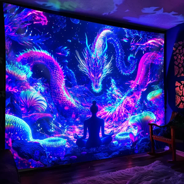 VIKAMA Neon Dragon Tapestry - Cyber Oriental Fantasy Living Room Room Tapestry - Meditation and Yoga Room Atmosphere Decor 1
