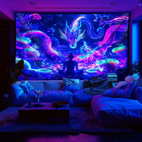 VIKAMA Neon Dragon Tapestry - Cyber Oriental Fantasy Living Room Room Tapestry - Meditation and Yoga Room Atmosphere Decor 2