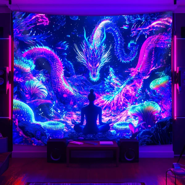 VIKAMA Neon Dragon Tapestry - Cyber Oriental Fantasy Living Room Room Tapestry - Meditation and Yoga Room Atmosphere Decor 3