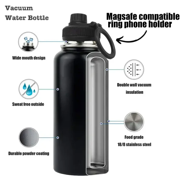 Magnetic Phone Holder Adjustable Water Bottle 750ml 1000ml Magnetic Lid Water Bottle Doule wall Vacuum Insulated 304 stainless 2