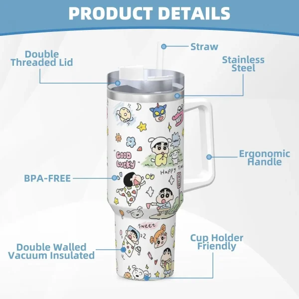 Stainless Steel Tumbler Crayon-ShinS ChanS Coffee Mug Portable Cold Drink Car Mugs Driving Custom Water Bottle 6